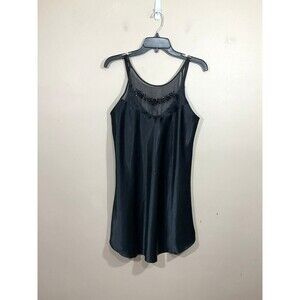 Vintage Womens Beaded Satin Mini Slip Dress M Black Party 90s Goth Grunge